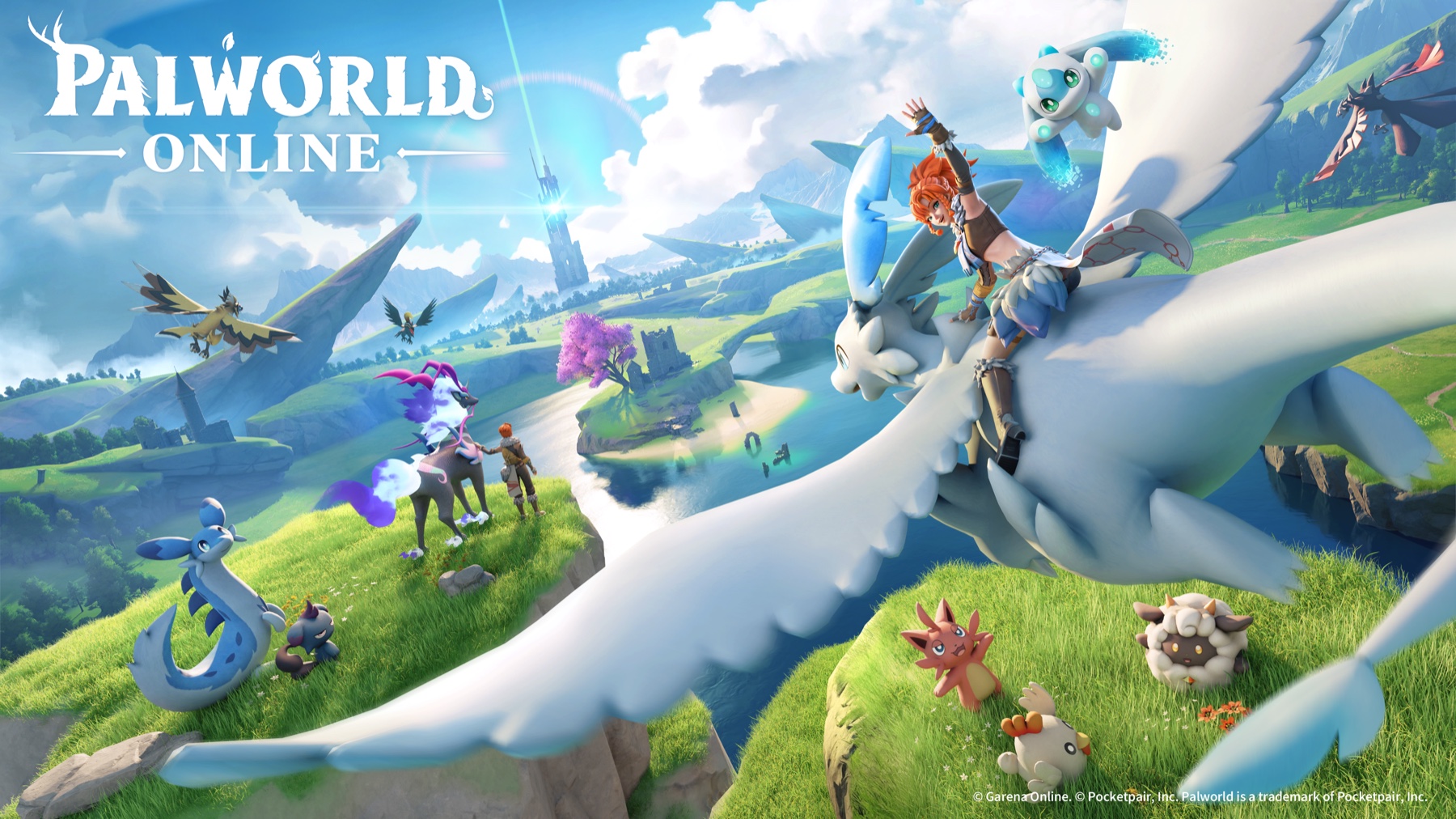Official Palworld Online key art showing a player and Pals in a bright open world
